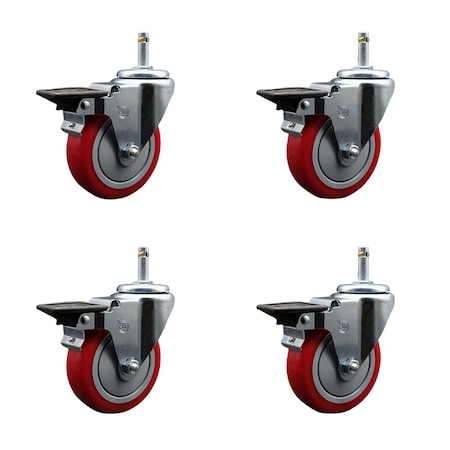 Service Caster 4'' Red Poly Swivel 7/16'' Grip Ring Stem Caster Set with Brake, 4PK SCC-GR20S414-PPUB-RED-PLB-716138-4